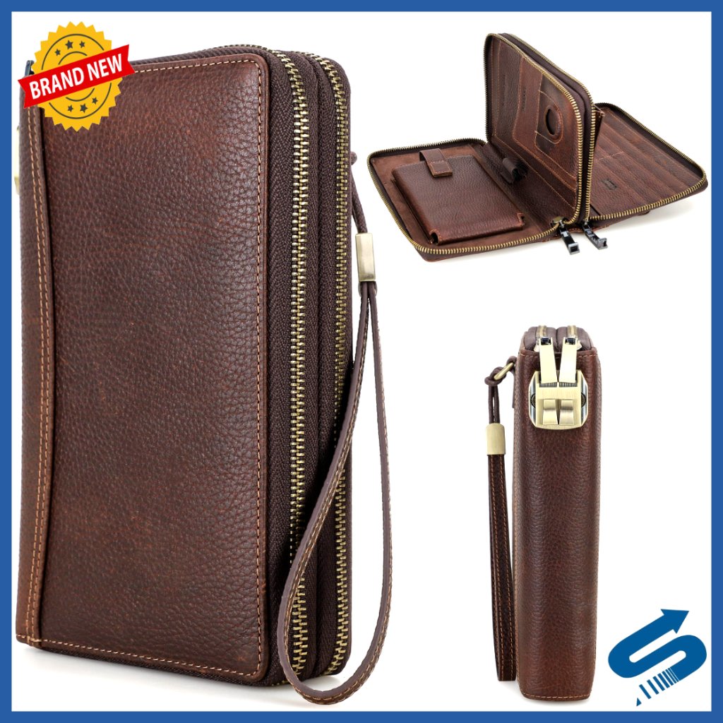 Top Grain Leather Zipper Clutch Wristlet Wallet Rfid Lock Large Capacity